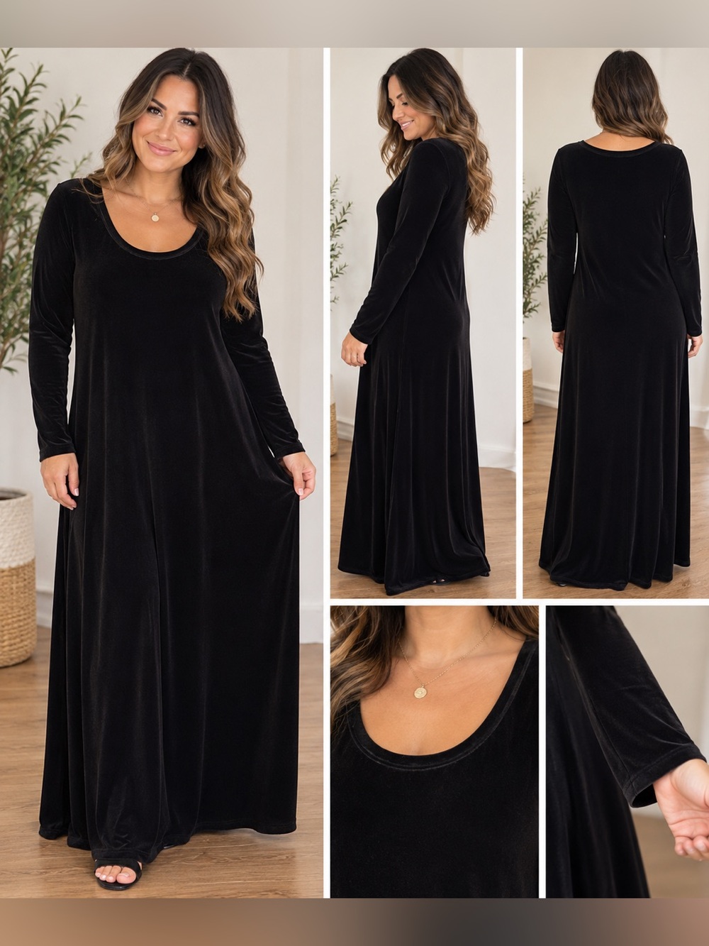 Soft Surroundings Black Velvet Maxi Dress - Long Sleeve Scoop Neck